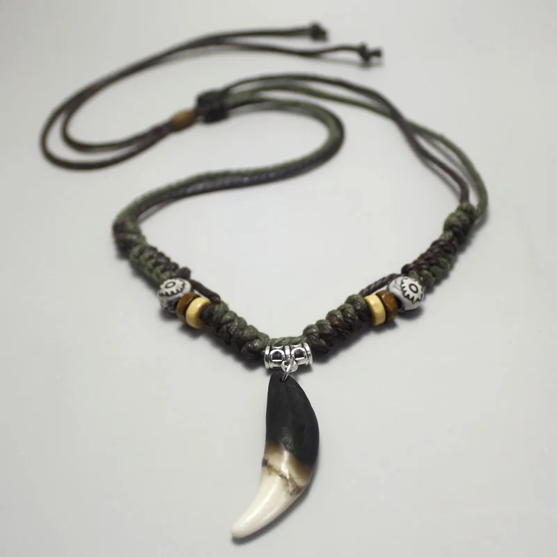 Мужские колье подвеска с волчьим зубом Зеленый &amp кофе веревка реальные зуб