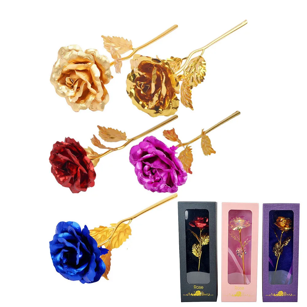 

Festive Gift 24K Foil Plated Gold Rose Flowers With Gift Box Wedding Decor Valentine's Day Creative Gift Large Leaf Rose Flower