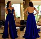 Женское винтажное вечернее платье, синее ТРАПЕЦИЕВИДНОЕ ПЛАТЬЕ с разрезом, аппликацией из стразов, а-силуэт, для выпускного вечера, 2019