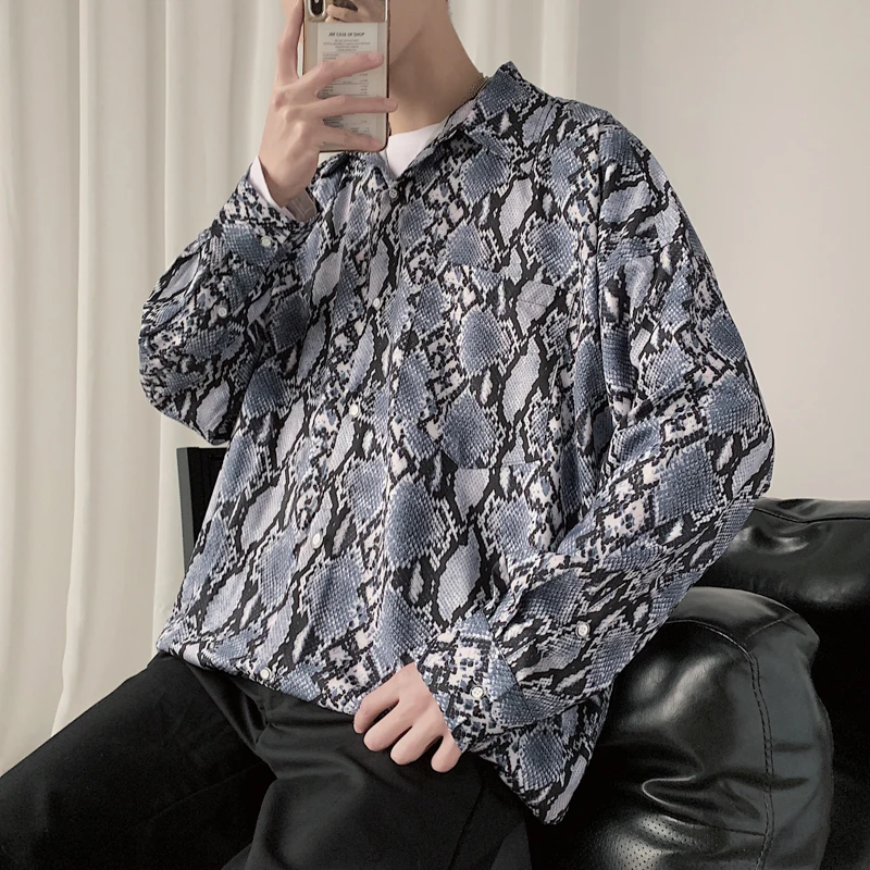 

Рубашка мужская с принтом змеиной кожи, Повседневная винтажная рубашка с длинным рукавом, в Корейском стиле, уличная одежда, 2021