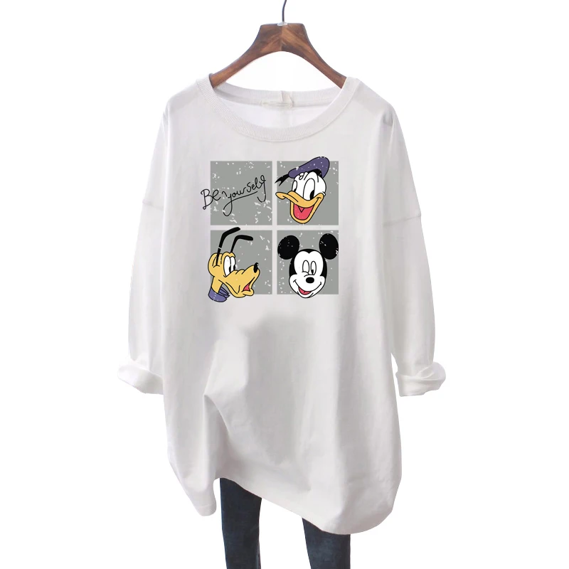 

2020 New Spring White Long Sleeve Tshirts Large Size Loose Female Basic O Neck Pullover Top Medium-long Cartoon Students T-shirt