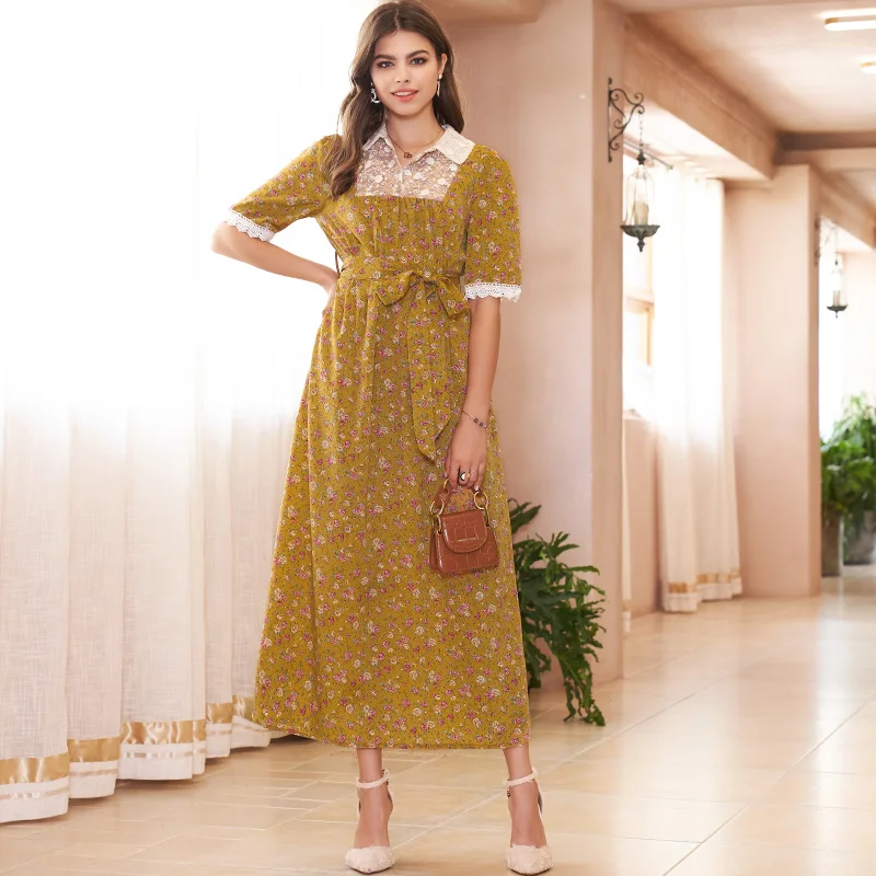 

Новинка, женское модное французское кружевное платье в стиле ретро с цветочным узором, длинное милое и универсальное женское платье с корот...