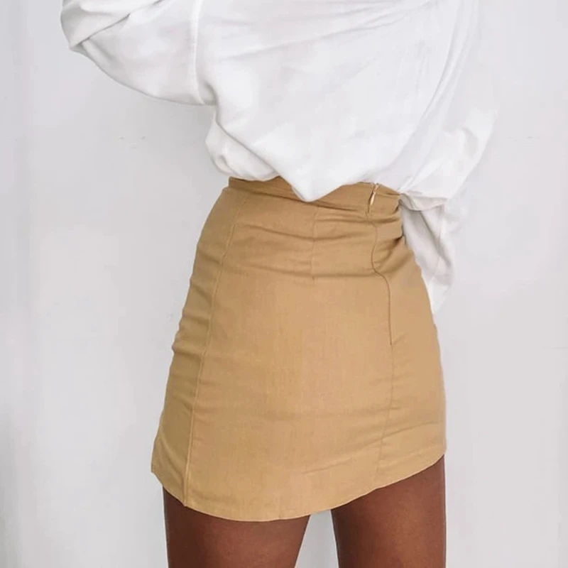 

New Ladies Summer Sexy Bag Hip Skirt Slim A-Line Short Skirt High Waist Button Split Solid Color Skirt