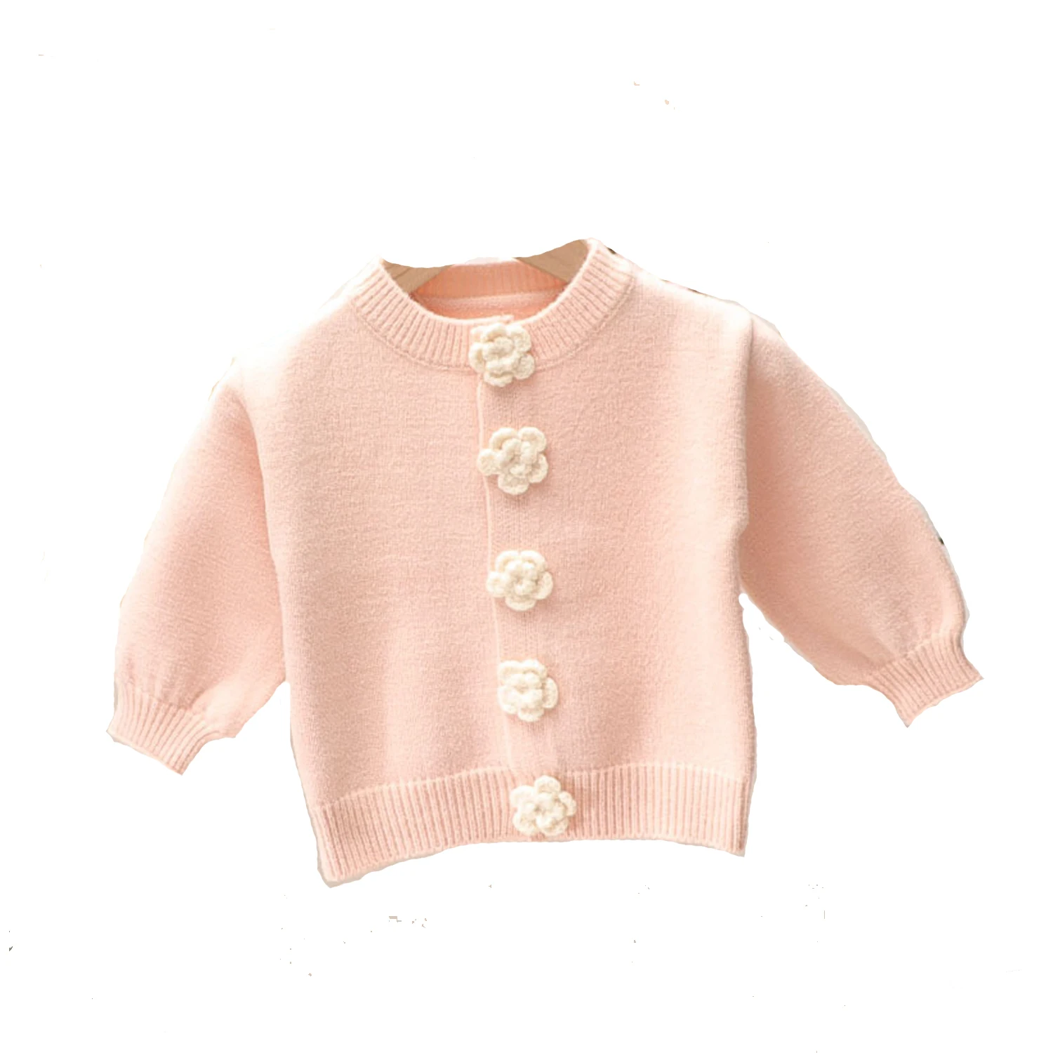 

Girl's O-Neck Long Sleeve Flowers Button Decor Korean Style 100% Knitted Outwear Pullover Sweaters Spring Autumn Sweaters