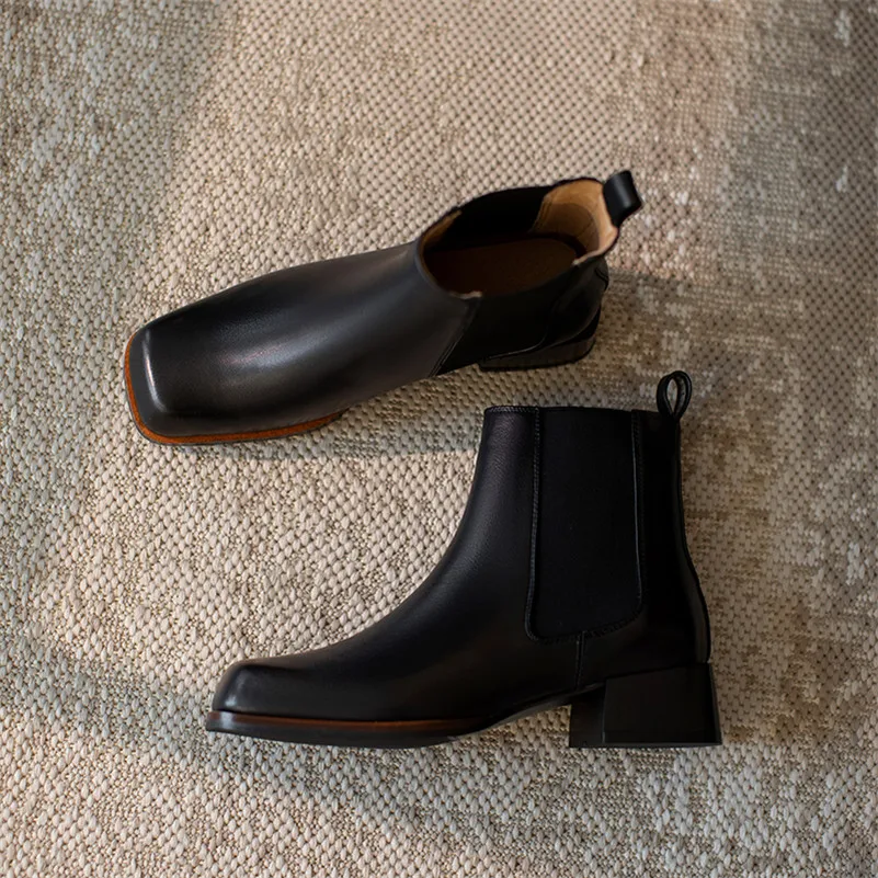 

ANNYMOLI Women Chunky Heels Chelsea Boots Genuine Leather Mid Heel Short Boots Shoes Square Toe Slip On Ankle Boots Black Beige