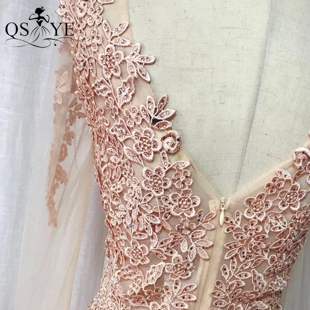 

Long Sleeves Champagne Prom Dresses Stretch Mermaid Women Formal Party Gown V Neck Appliques Sequin Lace Evening Dress Vestido