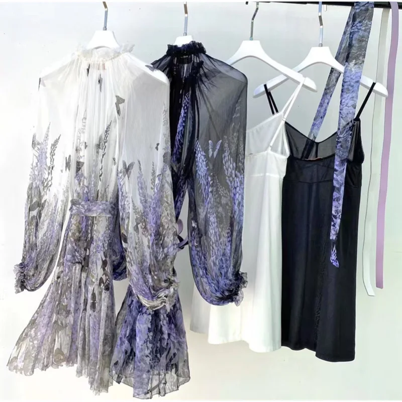 

Women Silk Thin Mini Dress Set White Black Long Lantern Sleeve Butterfly Neck Gradient Pleated Dresses 2021 New Summer Robes