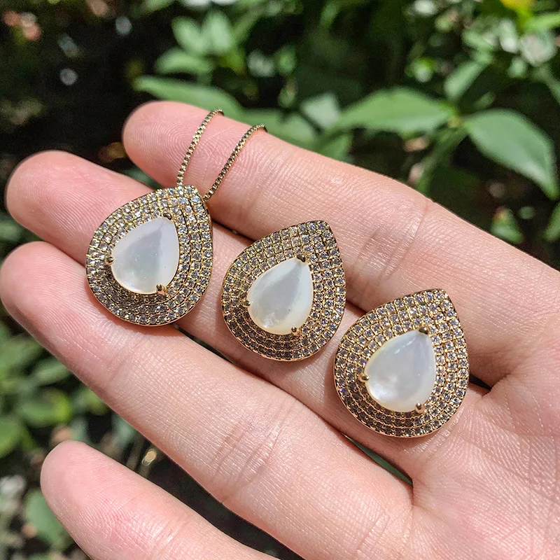 

Funmode 3pcs Waterdrop Shell Pendientes Necklace Gold Color Dubai Jewelry Sets For Women Bridal Gifts FS32