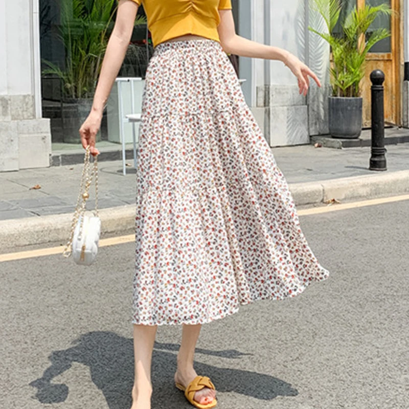 

Limiguyue Summer Women Floral Printed Splicing Chiffon Long Skirs Beach Style Retro Fashion A-Line Skirts Bohemian Saia K1708