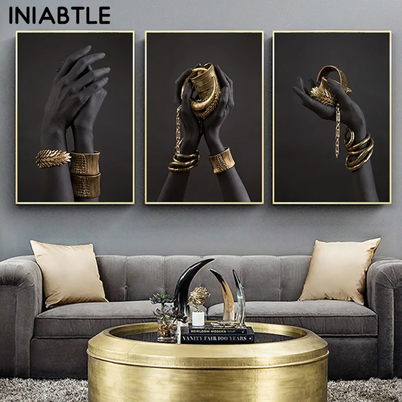 

Black And Gold Hand With Gold Bracelet Oil Painting On Canvas African Posters Prints Wall Art Picture For Living Room Home Decor
