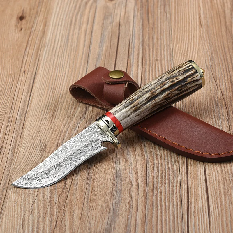 

Damascus Knife Outdoor Short Knife Natural Antler Handle Survival Knife Straight Knife Creative Gift Fruit Knife