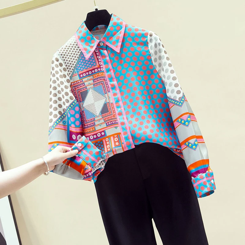 

Autumn 2020 New Blouse Patchwork Simulation Silk Shirt Female Top Korean Niche Polka Dot Long-Sleeved Blusa GX1438