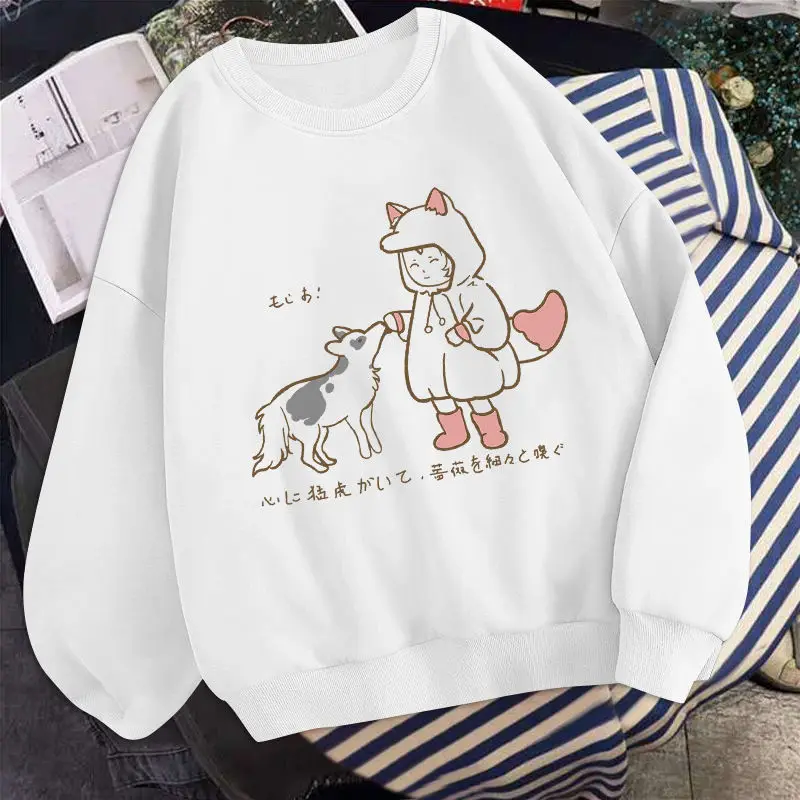 

Oversized Hoodies Women Harajuku Anime Kawaii Girl And Wolf Print Spring Autumn Long Sleeve Loose Casual Pullovers Sweatshirt