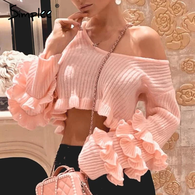 Simplee Ruffle crop pink sweater women Striped solid fashion ladies pullover tops Streetwear elegant female long sleeve jumpers | Женская