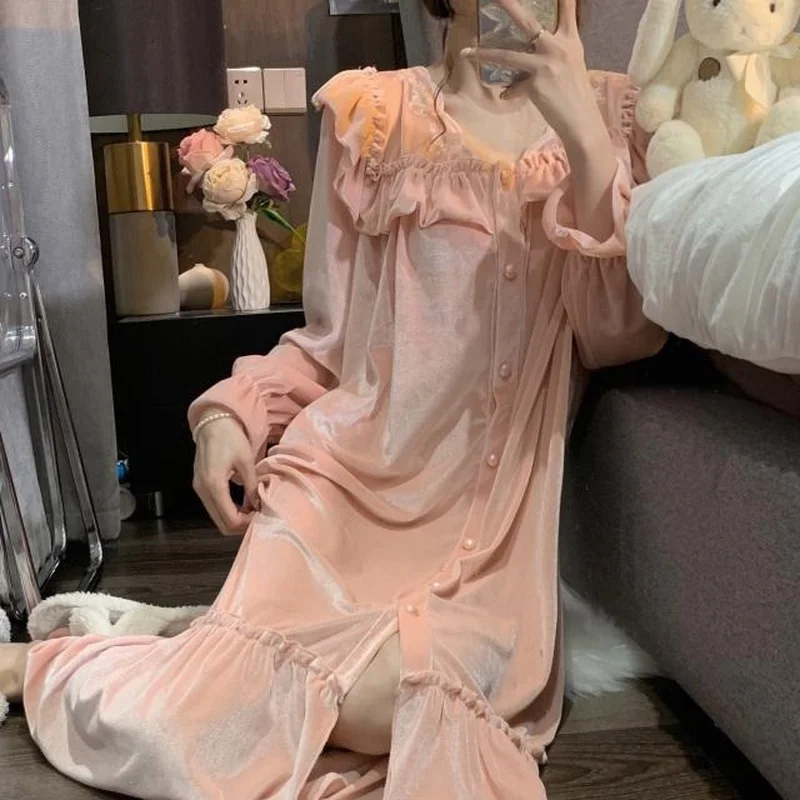 QWEEK Sleepwear Women Sexy Night Dress Winter Golden Velvet Nightgowns Nightwear Princess Style Ruffles Sleepshirts Solid Color