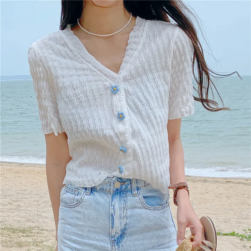

HziriP Hot Summer Solid Color New Fungus Pleated Top 2021 Casual Chic Fashion Sweet V-Neck Slim Korean Short-Sleeved T-Shirt