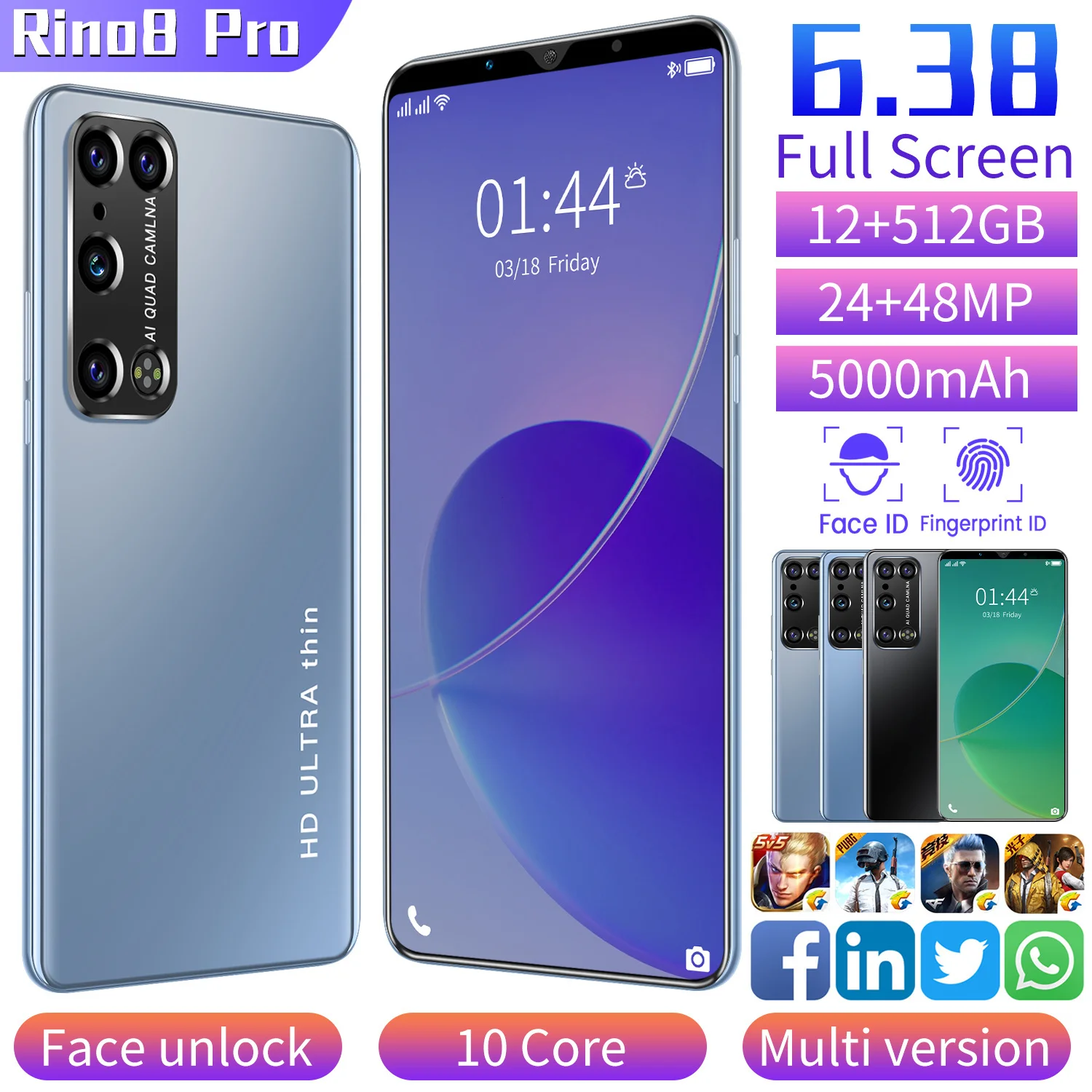 

New Rino8 Global Pro 6.38 Inch Hd + 12gb + 512gb Mt6889 10 Core 1080*2320 Smartphone 5g 24mp + 48mp 5000mah Dual Sim Card