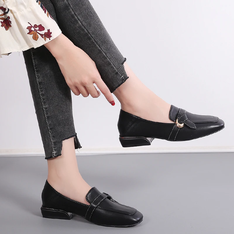 Size 43 Square Toe Slip on Leather Casual Shoes Woman Flats Loafers Korean Fashion Shoes Women Pumps High-quality Office Shoe