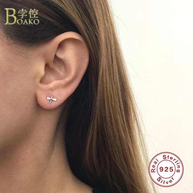 

BOAKO Dragonfly 925 Sterling Silver Stud Earrings For Women Zircon Earring Piercing Earings Luxury Jewelry Cartilage Pendientes