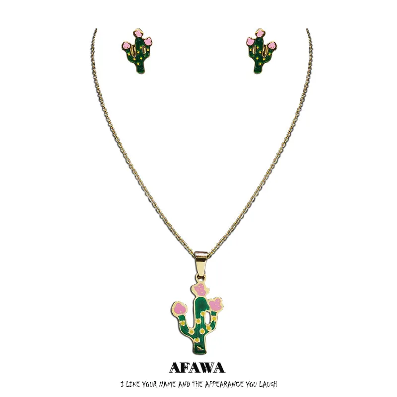 

Cut Flower Cactus Stainless Steel Enamel Earrings Necklaces Sets for Women Green Gold Color Jewelry Kid Set Jewelry S9503S01
