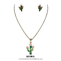 cut flower cactus stainless steel enamel earrings necklaces sets for women green gold color jewelry kid set jewelry s9503s01
