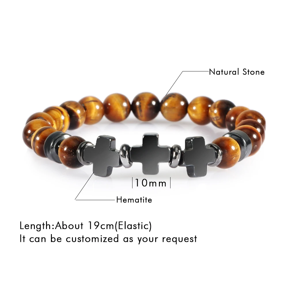 Мужской браслет с крестом и бусинами натуральный камень тигровый глаз черный