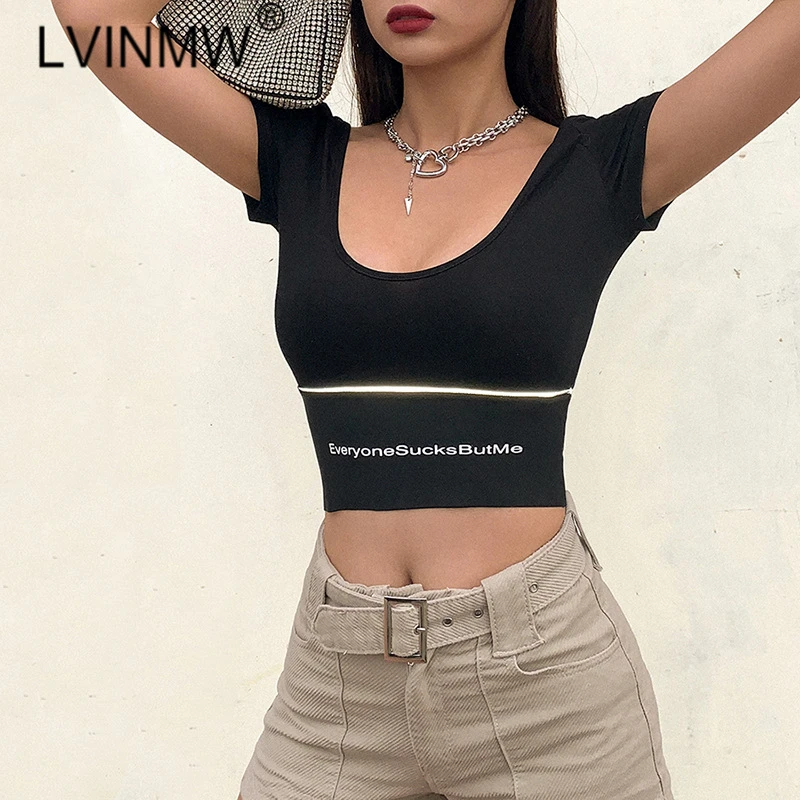 Фото Женская футболка LVINMW черная облегающая с буквенным принтом и светоотражающим