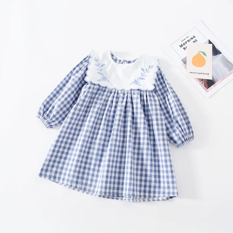 Korean style Toddler Girls Cute Embroidery Navy collar Cotton Plaid Dress 2021 Spring Little Princess Long Sleeve Party Dresses | Детская