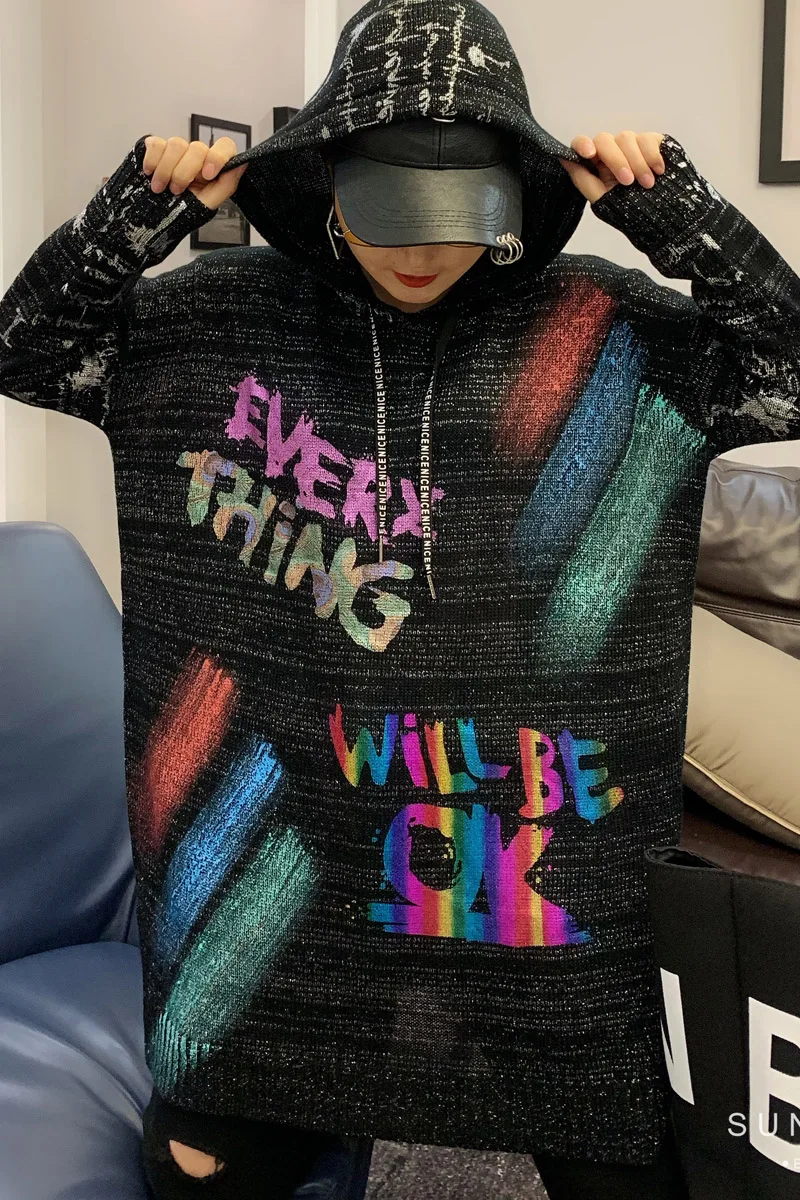 2019 Осень Новый черный золотой принт свитер большого размера женский длинный