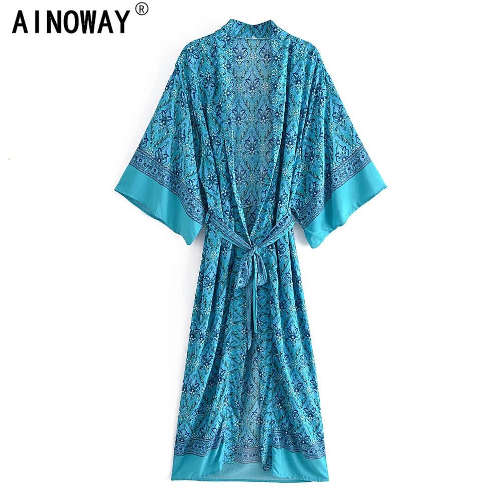 Женское винтажное кимоно с цветочным принтом зеленое богемное поясом V-образным