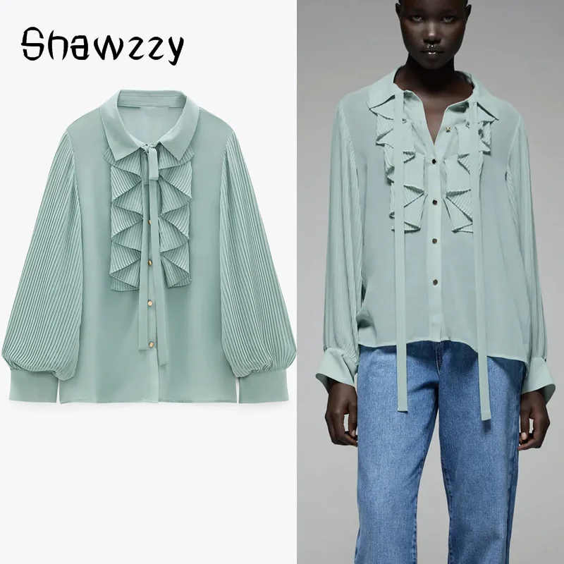 

2020 Za Ruffle Chiffon Blouse Women Lapel Collar Long Sleeve Pleated Shirts Woman Chic Front Metal Button Loose Green Top