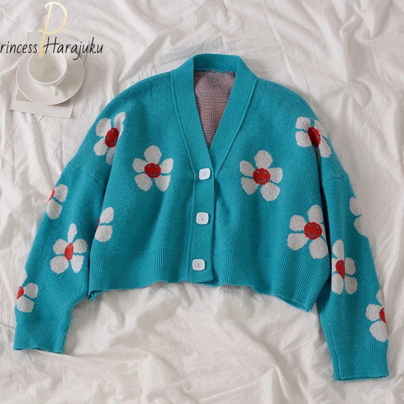 

Женский трикотажный кардиган с цветочным принтом и V-образным вырезом