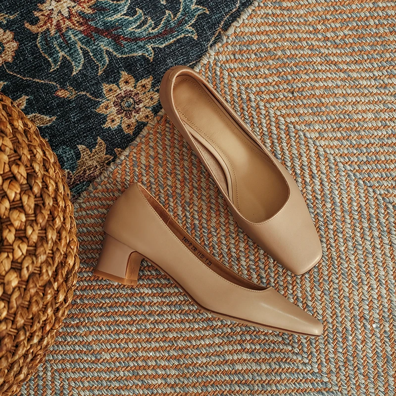 

Genuine Leather Party Basic Women Shoes Designer Shoes Woman Fashion Spring Newest Thick ned Heels Pumps For Women