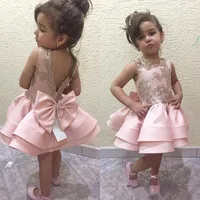 Pink Girls Dresses Lace Appliques Satin Bow Mother and Daughter Clothing for Birthday Party Special Occasion