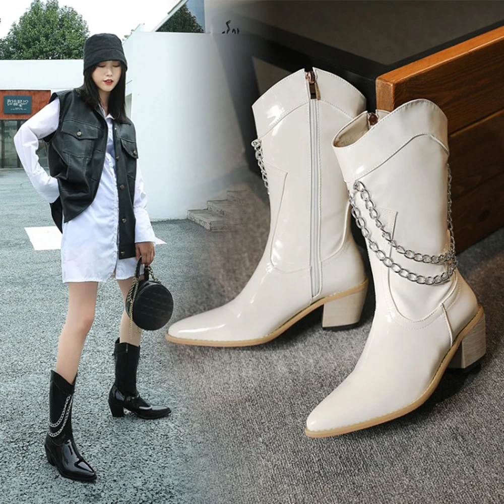 

WETKISS Women's Patent Leather Mid Calf Boots Silver Chain Sexy Pointed Toe Block Heel Fashion Casual Chunky Bootie
