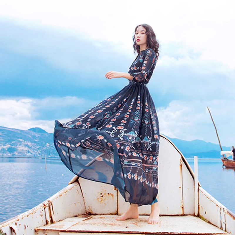 

2021 Summer Newest Fashion Designer Runway Woman Long Dress Vintage Print V-Neck Slim Waist Elastic Pleated Chiffon Maxi Dress