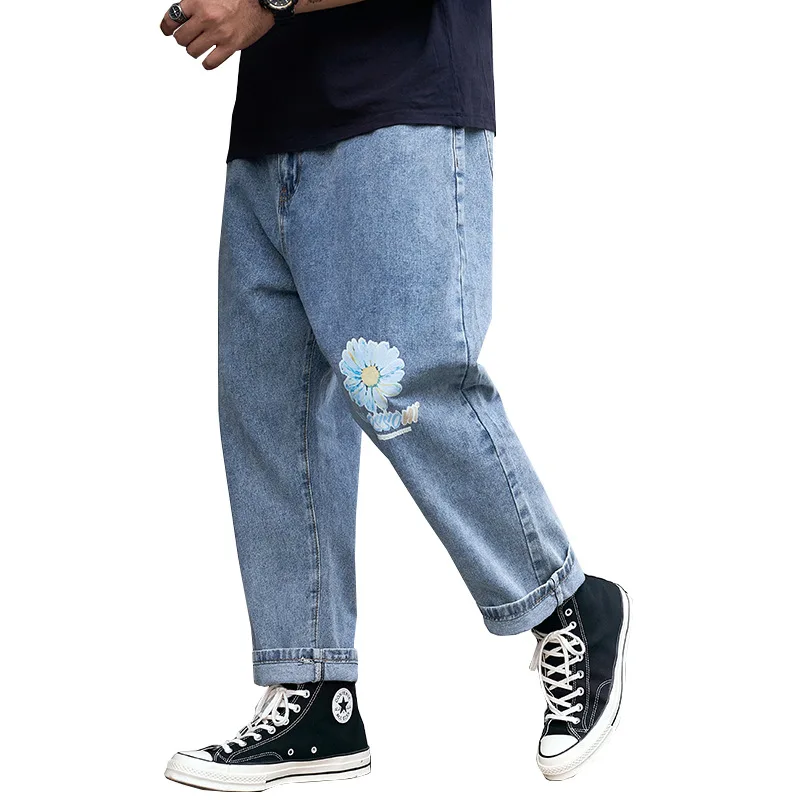 

Big men's fat nine point jeans, loose Harlan straight pants, wide leg, fat and trendy Daddy Long Pants