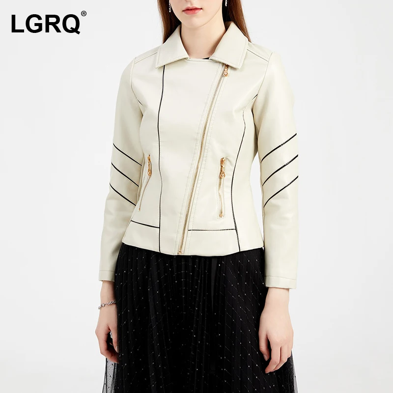 

[LGRQ] Striped Locomotive Wind PU Leatherl Jacket New Lapel Long Sleeve Women's Coat Fashion Tide Spring Autumn 2021 19D5204