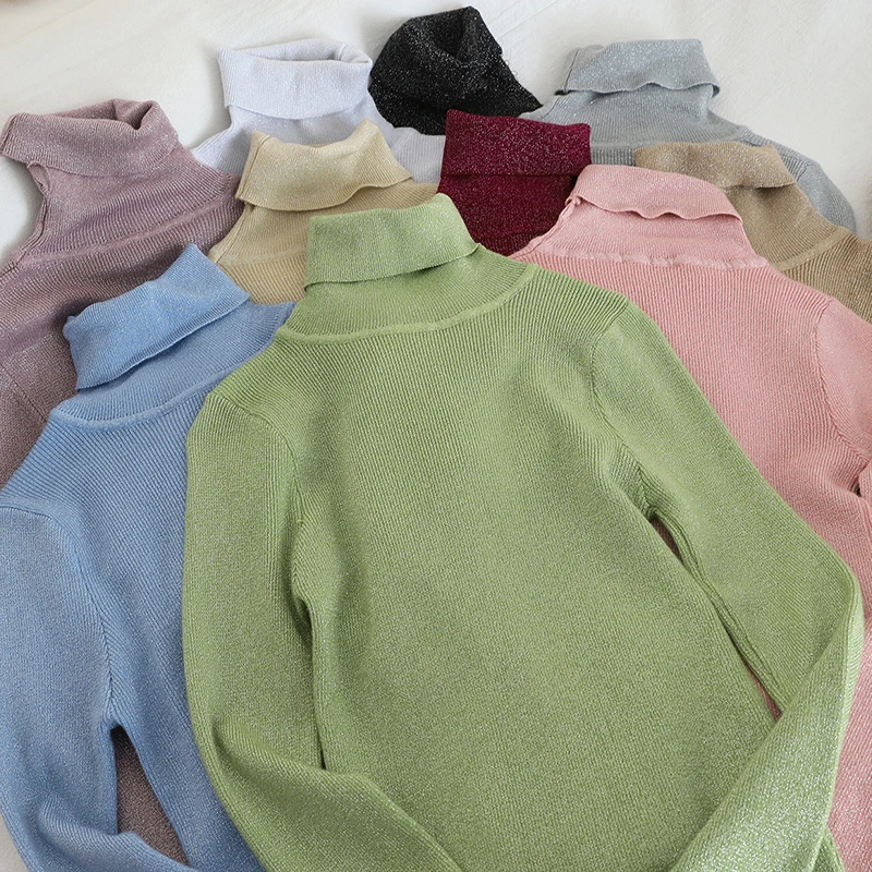 SINGRAIN Блестящий свитер с высоким воротом Женский трикотажный люрексом модные