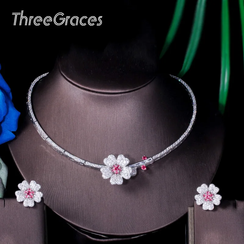 

ThreeGraces High Quality Bridal Wedding Jewelry White Hot Pink Cubic Zirconia Flower Necklace Earrings Sets for Women TZ531