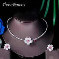 threegraces high quality bridal wedding jewelry white hot pink cubic zirconia flower necklace earrings sets for women tz531