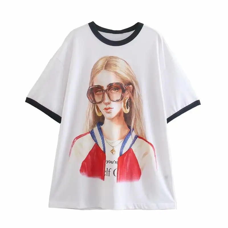 

2021 ZA Summer Women T-Shirts Cartoon Girl Printed Female Tops Loose Shorts Sleeve Cotton O-neck Harajuku Tops Tee Cute Tshirts