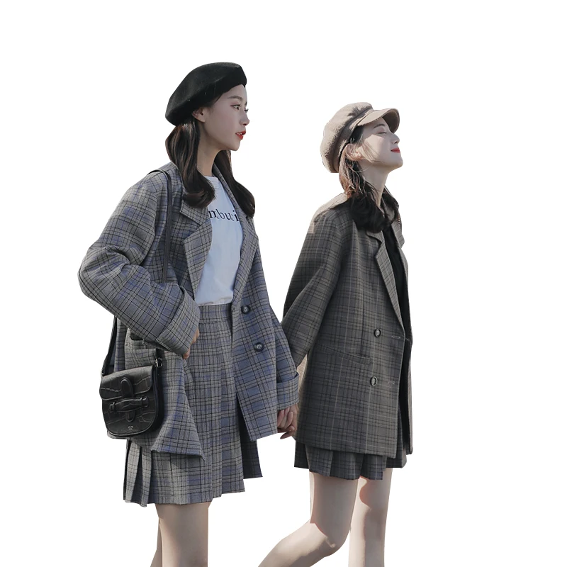 Женский клетчатый пиджак в стиле ретро двубортный и юбка-карандаш костюм из 2