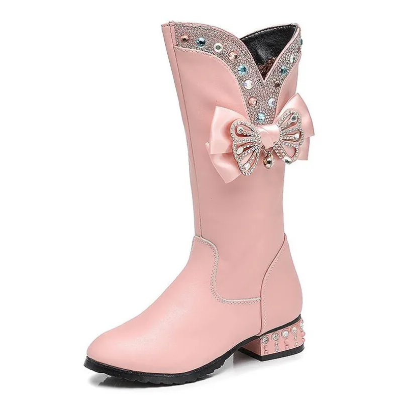 pink with velvet Weoneit/осенне-зимние ботинки для девочек детская обувь принцессы детская обувь с хлопчатобумажными стельками зимние ботинки высокие ботинки 4 цвета, CN 28-40 - Цвет: pink with velvet