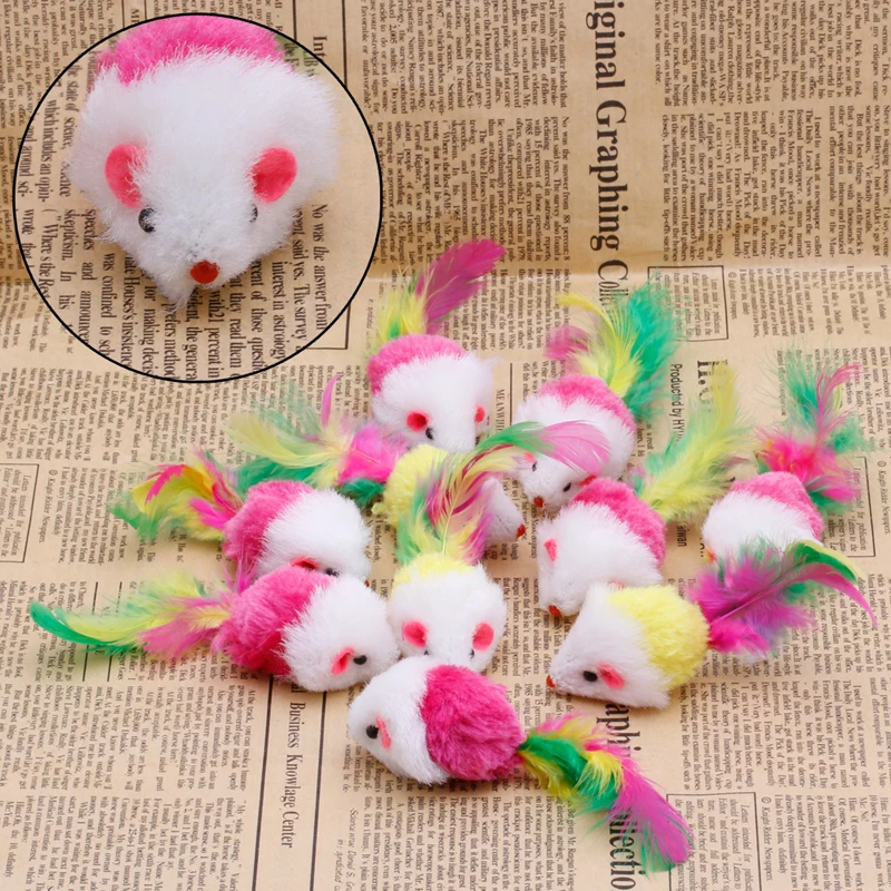 

10pcs Novelty Pet Kitten Furry Mouse Shaped Toy Feather Tail Fetch Toy Gift