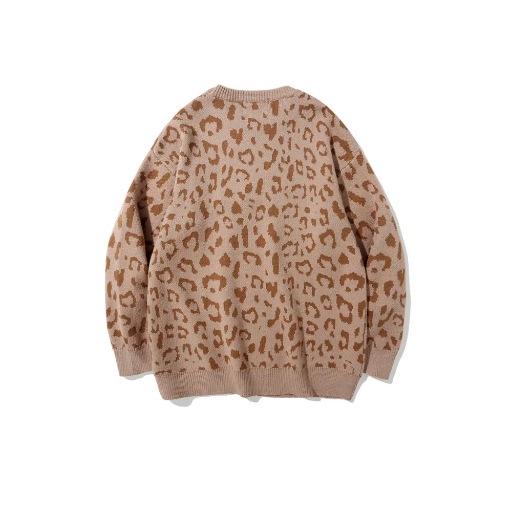 

SEVEYFAN Men's Fashion Leopard Letters Embroidery Sweater Loose O Neck Knitwear Hip Hop Pullover Sweaters for Couples