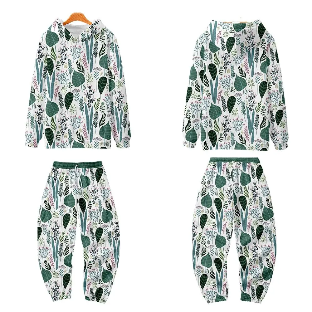

Men Leaves Print Pullover Sweatshirts Track Pants Two Piece Sets Tracksuits Hoodies Sweatpants Sweatsuits