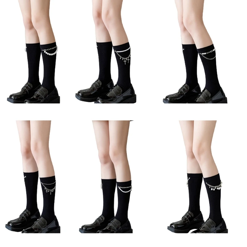 

573B Gothic Punk Women Black Cotton Calf Socks Harajuku Japanese Lolita Faux Pearl Beaded Metal Tassels Chain Tube Stockings