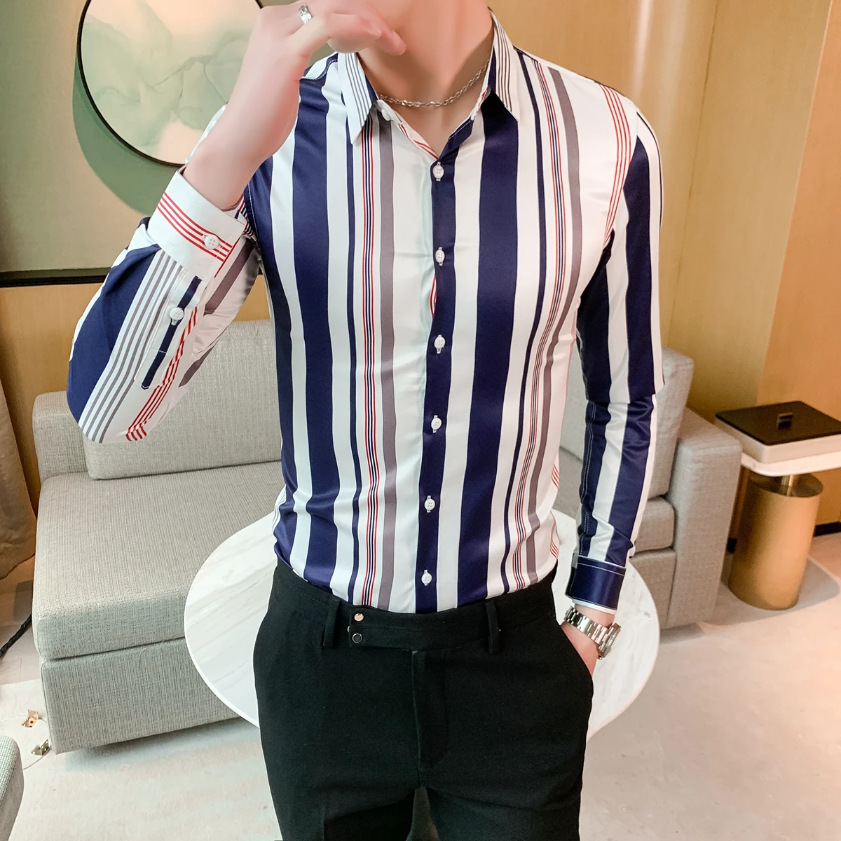 Стильная модная британская Мужская рубашка в полоску новинка 2020 Весенняя