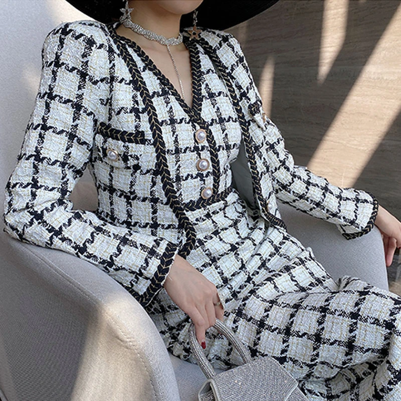 

2020 Plaid Tweed long sleeve Jacket Coat + Sleeveless Tweed Dress Suit V-Neck Two Piece Set Elegant Office Autumn Tracksuit T598